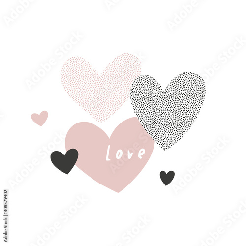 Doodle pink black dotted heart shapes isolated on white background with love inscription. Simple childish hearty illustration in vector. Valentines Day design idea.