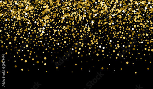 Gold Glow Effect Pattern. Transparent Confetti Invitation. Festive Design. Gold Sequin Falling Background. Dust Bridal Wallpaper. © Natallia