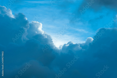 Obraz na plátne Blue sky with amazing white clouds close-up. Horizontal shot.