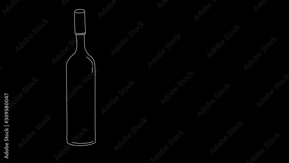 Self drawing line art sketch of wine bottle. Doodle, animation, copy space, minimalism style. Black background. Self drawing line art sketch of wine bottle. Doodle, animation, copy space, minimalism style. Black background.