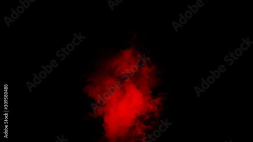 Explosion red fog on isolated black background. Experiment chemistry smoke bomb. The concept of aromatherapy. © Victor