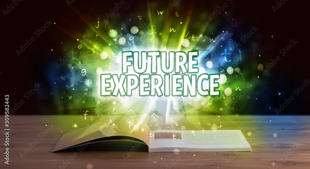 FUTURE EXPERIENCE inscription coming out from an open book, educational concept