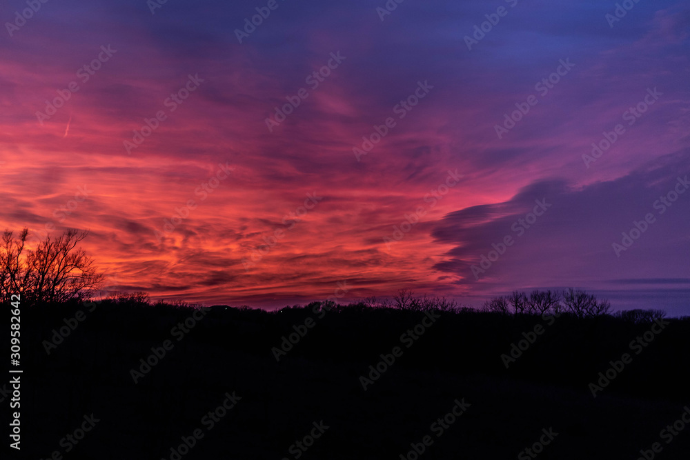 A dramatic sunset over silhouetted trees with blue, gold, and red clouds. A dramatic sunset over silhouetted trees with blue, gold, and red clouds.