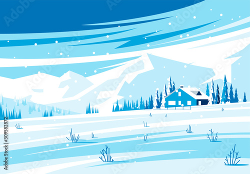 Vector illustration of a winter landscape with a country house on the horizon, a house in the forest on the background of mountains, snowy landscape