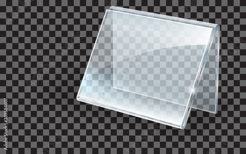 Acrylic holder, glass or plastic display stand for menu or cards, realistic vector illustration. Transparent table holder or tent for price isolated on transparent background