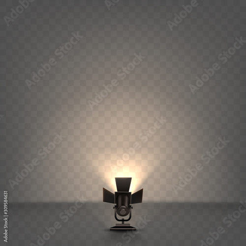 Spotlight realistic vector. Professional photo and video lamp, standing on floor, stage equipment with warm yellow light on transparent background.