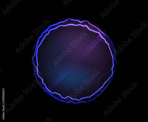 Electric circle or plasma round, realistic vector illustration. Abstractt round lightning frame with burning rays or powerful electric discharges isolated on black. Magical energy design element
