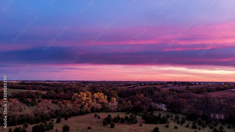 Sunrise over a rural countryside in Nebraska during autumn