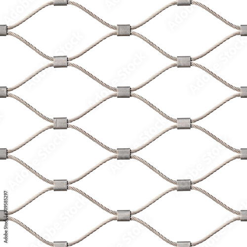 Seamless texture of hand woven mesh fence made of stainless wire isolated on white. New York. USA.