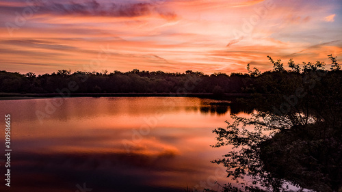 Golden hour sunset over a pond with clouds and sky silhouetting the trees