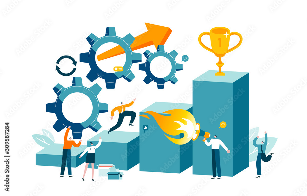 Colleagues support employee. Character climbs on columns to prize. Worker runs up career ladder. Teamwork at enterprise. Conceptual vector illustration EPS 10 isolated on white. Colleagues support employee. Character climbs on columns to prize. Worker runs up career ladder. Teamwork at enterprise. Conceptual vector illustration EPS 10 isolated on white.