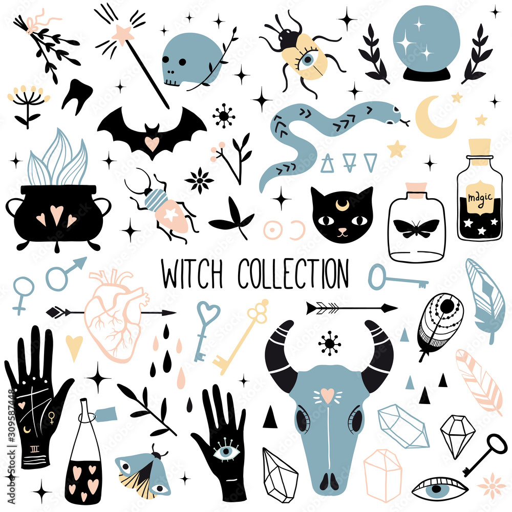 Big witch magic design elements collection