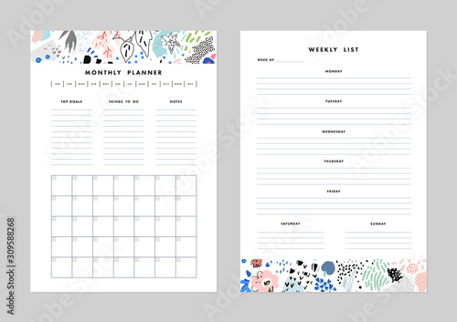 Monthly Planner plus Weekly List Templates. Organizer and Schedule with Notes and To Do List. Vector
