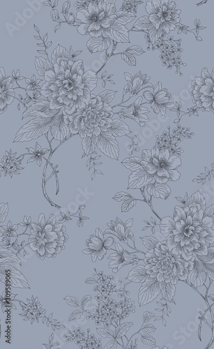 Floral vintage seamless pattern with flowers peonies. Oriental style. Template design for textiles, wrapping paper, wallpaper, clothes, interior, curtains, packaging.