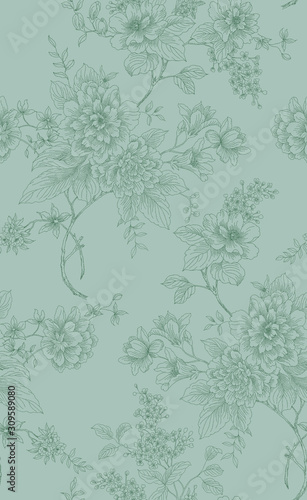 Floral vintage seamless pattern with flowers peonies. Oriental style. Template design for textiles, wrapping paper, wallpaper, clothes, interior, curtains, packaging.