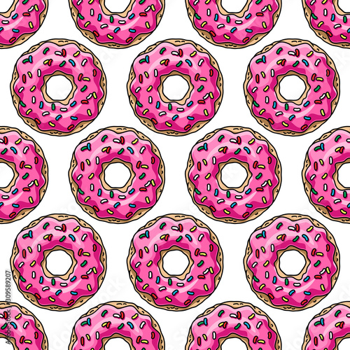 Cartoon donuts with pink glaze and colored sprinkles on white background. Seamless pattern. Texture for fabric, wrapping, wallpaper. Decorative print.
