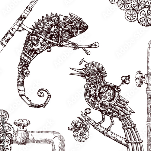 Mechanical chameleon. Hand drawn vector steampunk  illustration.