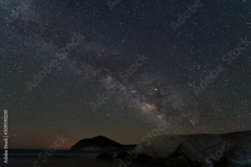 Night landscape with milky way from Genoveses beach. Natural Park Cabo de Gata. Andalusia. Spain.