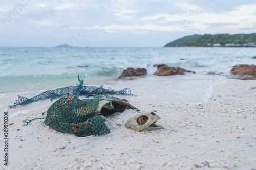 Dead endangered sea turtle on beach with fishing net wrapped around it