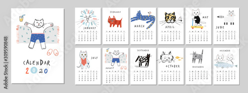 Calendar 2020 with fun and cute cats. Printable creative template
