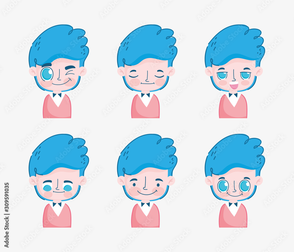 kawaii cartoon faces cute young boy with blue hair kawaii cartoon faces cute young boy with blue hair