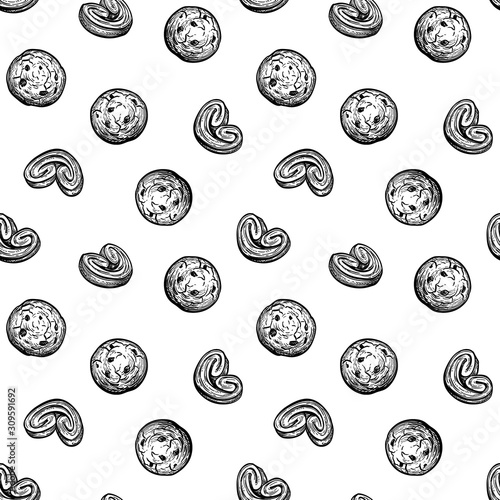 Seamless pattern with cookies and palmiers.