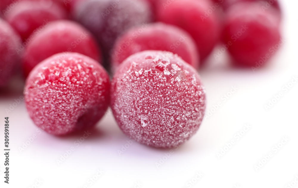 Group of frozen cherries.