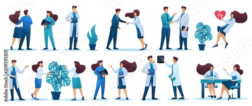 Set 2D flat Vector characters doctors, medical staff and patients