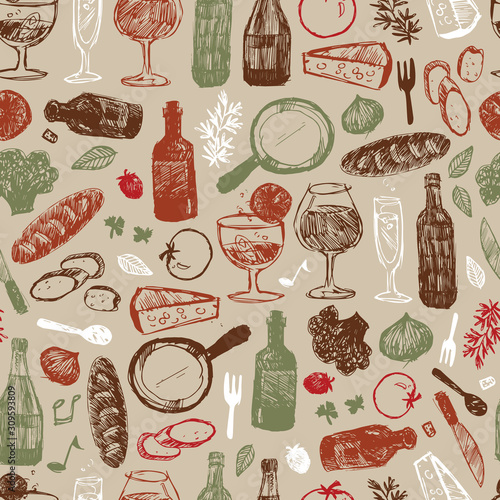 Vector light brown bar italia sketch illustration seamless pattern with bottles, wine glasses, bread, tomatoes and cheese. Perfect for fabric, restaurant menu and wallpaper projects.