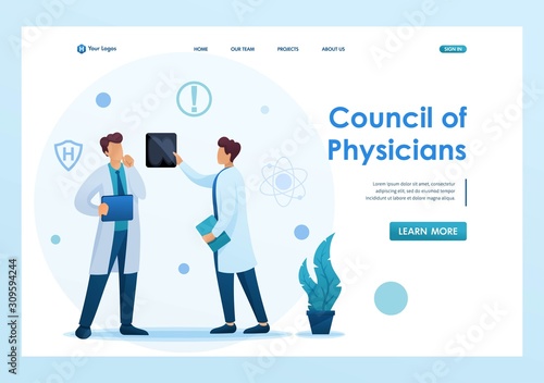 Young doctors discuss the results of the study of the patient.. Flat 2D character. Landing page concepts and web design