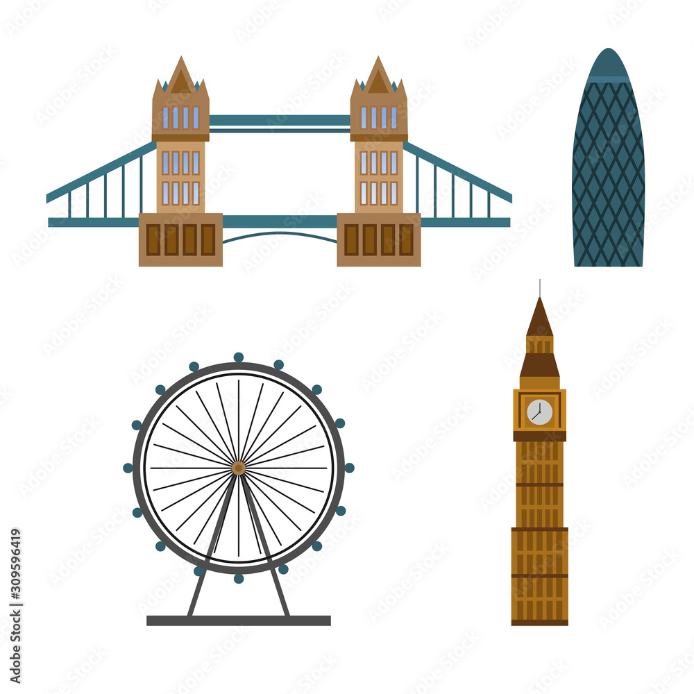 London touristic poster with famous landmarks and symbols isolated in the white background. Flat style. Vector illustration - obrazy, fototapety, plakaty 