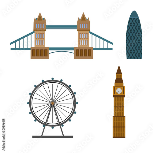 London touristic poster with famous landmarks and symbols isolated in the white background. Flat style. Vector illustration