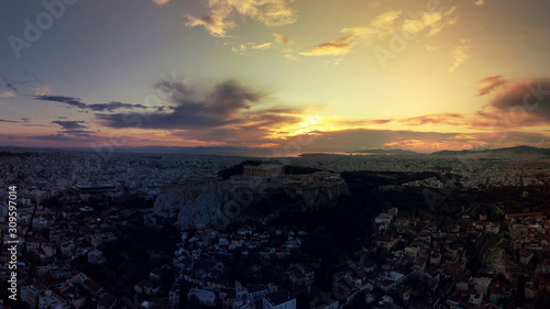 Aerial drone photo of iconic Acropolis hill and the Parthenon at dusk with beautiful sky and colours, Athens, Attica, Greece © aerial-drone