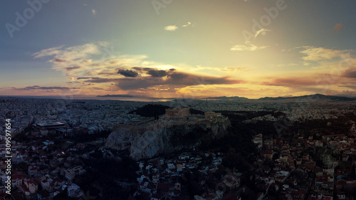 Aerial drone photo of iconic Acropolis hill and the Parthenon at dusk with beautiful sky and colours  Athens  Attica  Greece