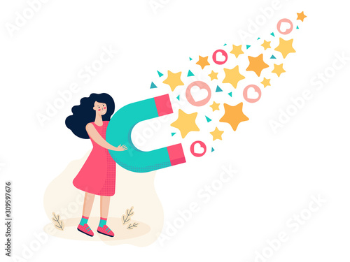 Business woman attracting likes signs with a huge magnet. Lead magnet. Social media marketing concept. Blogger get followers, likes and feedback. Lead generation. Audience or customer retention.