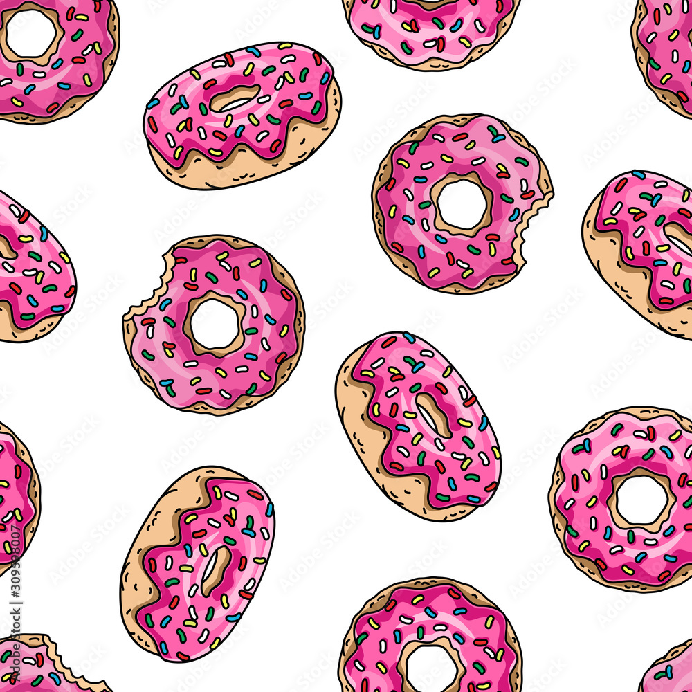 Cartoon donuts with pink glaze and colored sprinkles on white ...