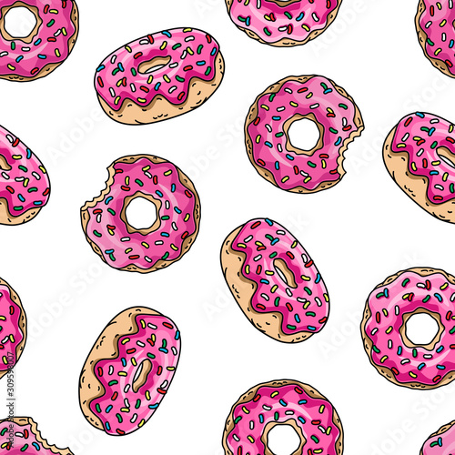 Cartoon donuts with pink glaze and colored sprinkles on white background. Seamless pattern. Texture for fabric, wrapping, wallpaper. Decorative print.