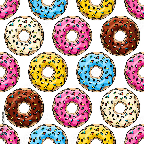 Donuts with pink glaze, chocolate donut, lemon, blue mint donut's glaze ..  Seamless pattern. Texture for fabric, wrapping, wallpaper. Decorative print