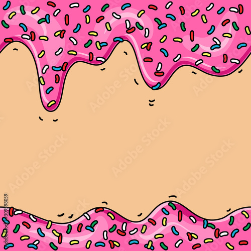 Cartoon pink glaze of donut. Splashes of colored glaze and colored sprinkles. Seamless pattern