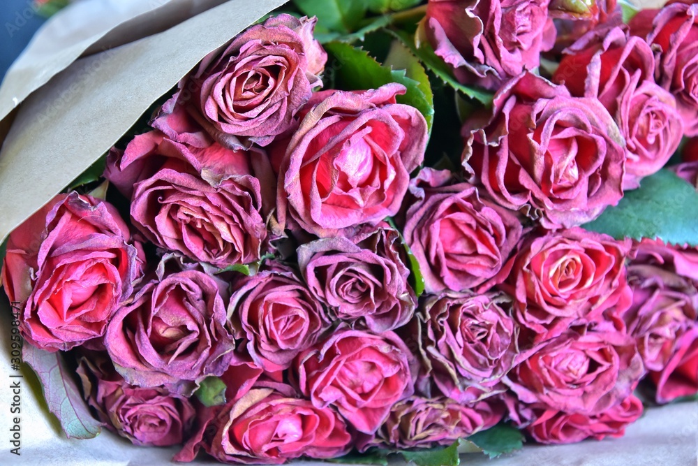 Fading bouquet of red roses in craft paper with selective focus and blurred petals on front. Wilted bunch of flower on blurred background. Dying romantic bouquet of flowers. Dried flowers Fading bouquet of red roses in craft paper with selective focus and blurred petals on front. Wilted bunch of flower on blurred background. Dying romantic bouquet of flowers. Dried flowers
