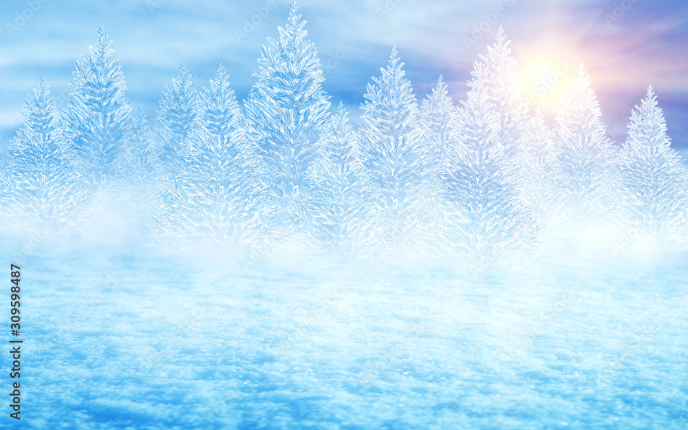 Winter landscape. Snowy pine forest, fog. Neon glow, rays of light Winter landscape. Snowy pine forest, fog. Neon glow, rays of light