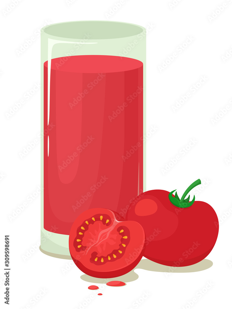 A glass of tomato juice with tomatoes and drops of juice. Vector isolate in cartoon flat style on a white background. A glass of tomato juice with tomatoes and drops of juice. Vector isolate in cartoon flat style on a white background.