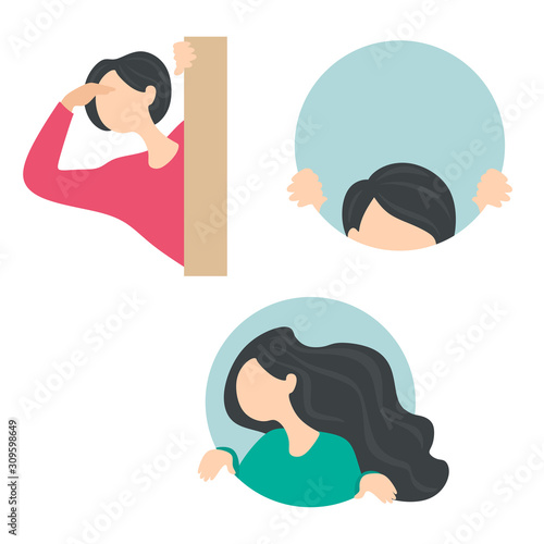 A girl peeps out ... Vector isolates of characters in cartoon flat style. White background