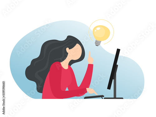 The girl works at the computer and came up with a good idea. Vector illustration with character in cartoon flat style.