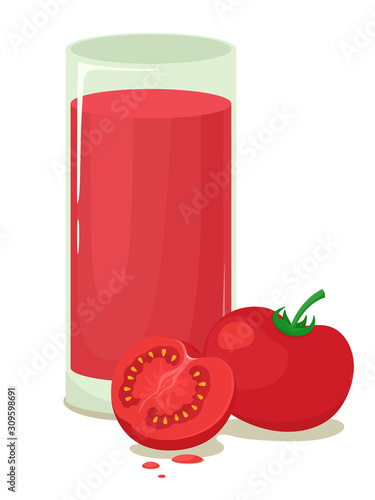 A glass of tomato juice with tomatoes and drops of juice. Vector isolate in cartoon flat style on a white background.