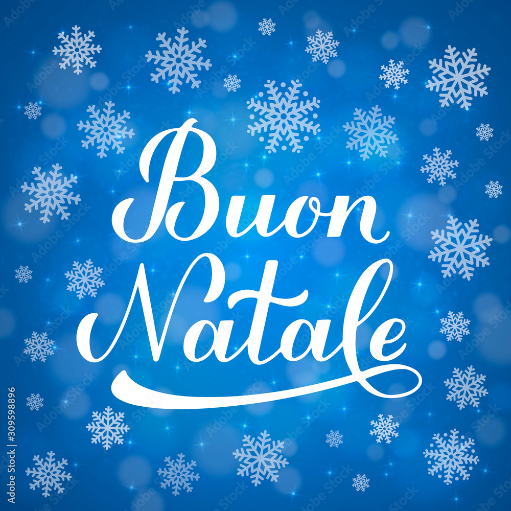 Buon Natale calligraphy hand lettering on blue background with bokeh and snowflakes. Merry Christmas typography poster in Italian. Easy to edit vector template for greeting card, banner, flyer, etc.