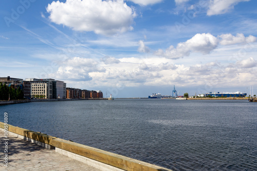 The view of the Inner harbour (Inre hamnen) and the sea called Öresund, the Finnlines ferry boats and the apartments along the shore in Malmö, Sweden photo