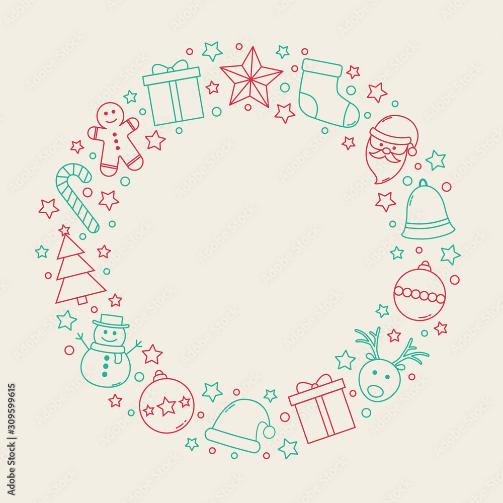 Christmas background with holiday wreath made of festive decoration. Vector