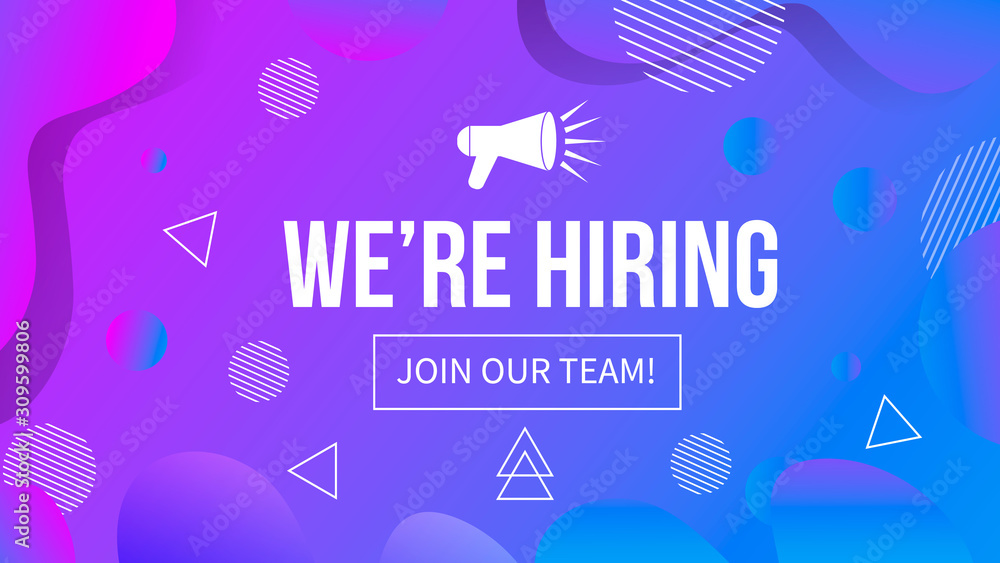 We re hiring Trendy gradient background. Open Vacancy advertisement. Recruiting and human resources design concept. Easy to edit vector template for banner, poster, flyer, etc. We re hiring Trendy gradient background. Open Vacancy advertisement. Recruiting and human resources design concept. Easy to edit vector template for banner, poster, flyer, etc.