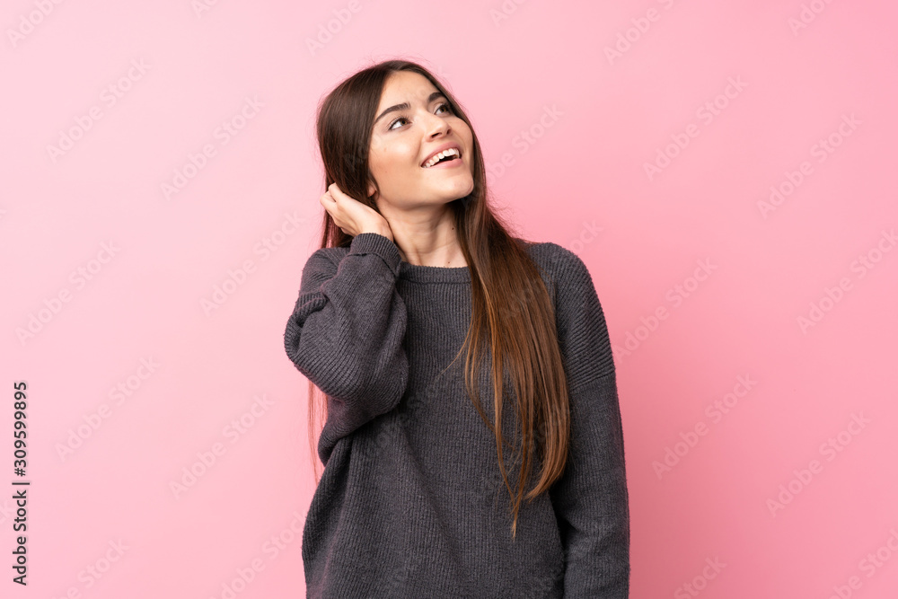 Young woman over isolated pink background thinking an idea Young woman over isolated pink background thinking an idea